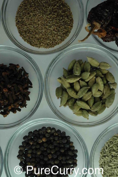 cumin seeds, cardamom, mustard seeds, peppercorns, caraway seeds, fennel seeds, fenugreek seeds