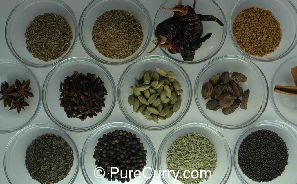 cumin seeds, cardamom, mustard seeds, peppercorns, caraway seeds, fennel seeds, fenugreek seeds